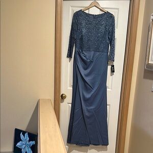 SLNY Blue Ruched Embellished Long Sleeve Gown
